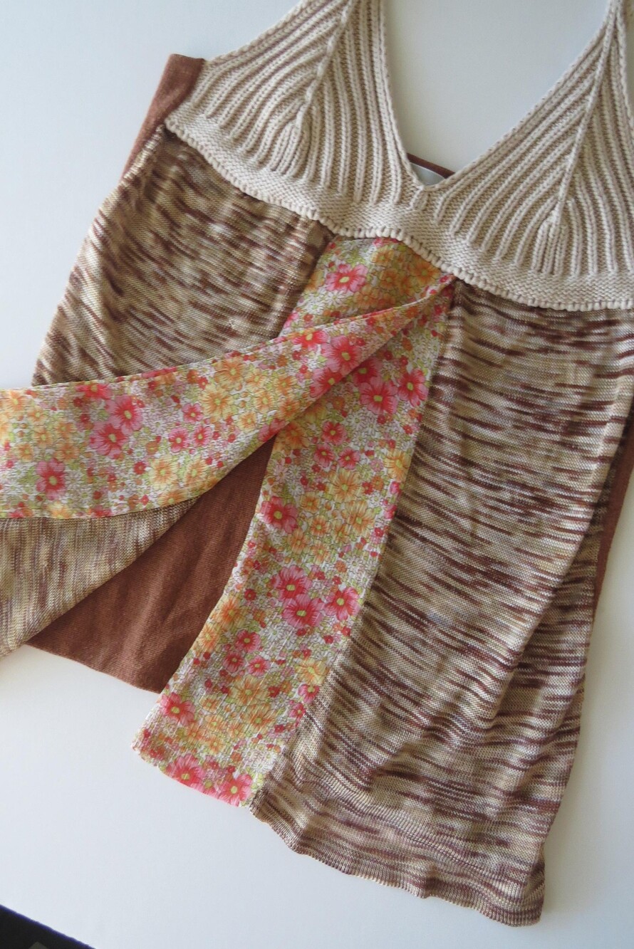 Vintage Italian Silk Blend Knit Cami Top, Floral Chiffon Panel Tank, Italy Knitw